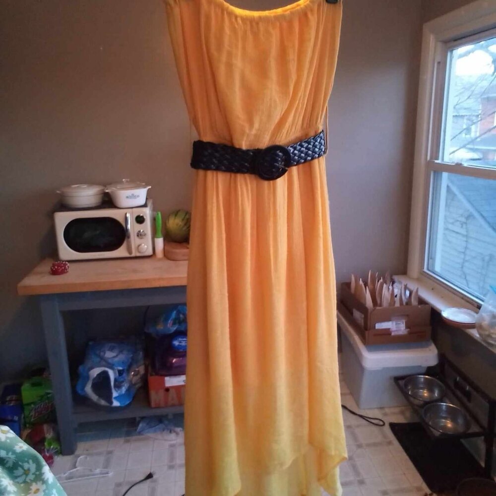 yellow dress with waist belt size med strapless long